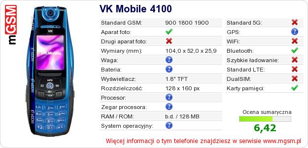 Dane telefonu VK Mobile 4100
