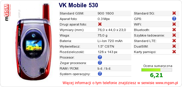 Dane telefonu VK Mobile 530