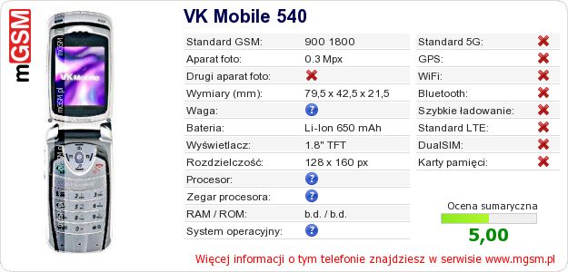 Dane telefonu VK Mobile 540