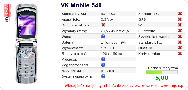 Dane telefonu VK Mobile 540
