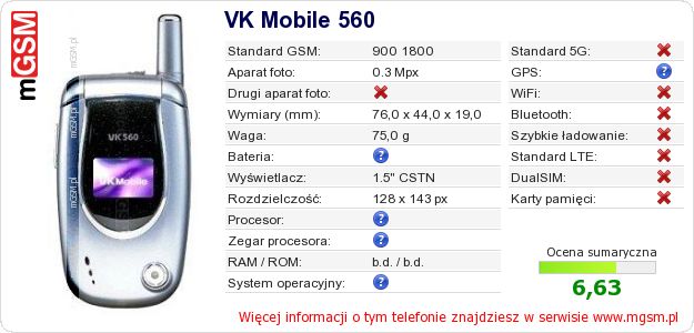 Dane telefonu VK Mobile 560 Dane telefonu VK Mobile 560