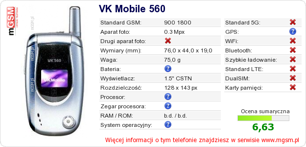 Dane telefonu VK Mobile 560 Dane telefonu VK Mobile 560