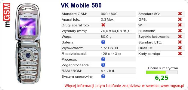 Dane telefonu VK Mobile 580