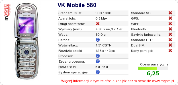 Dane telefonu VK Mobile 580