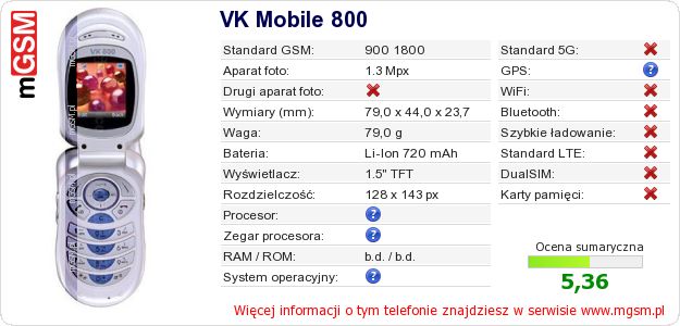 Dane telefonu VK Mobile 800