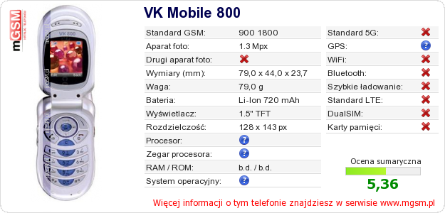 Dane telefonu VK Mobile 800