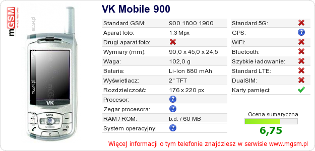Dane telefonu VK Mobile 900