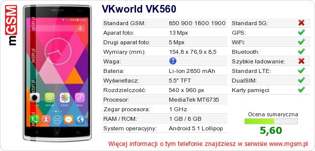 Dane telefonu VKworld VK560