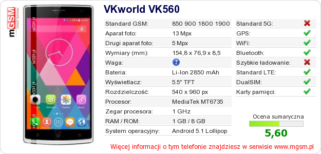 Dane telefonu VKworld VK560 Dane telefonu VKworld VK560