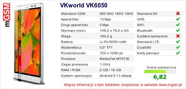 Dane telefonu VKworld VK6050 Dane telefonu VKworld VK6050