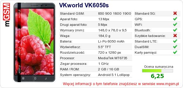 Dane telefonu VKworld VK6050s