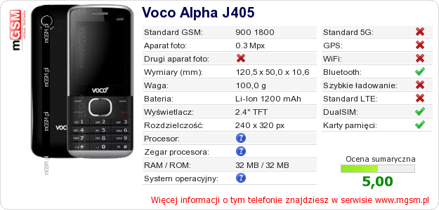 Dane telefonu Voco Alpha J405
