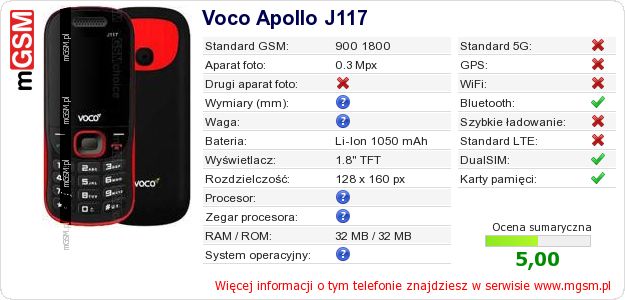 Dane telefonu Voco Apollo J117
