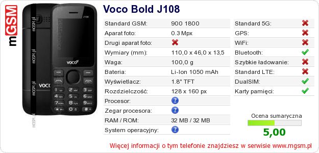 Dane telefonu Voco Bold J108