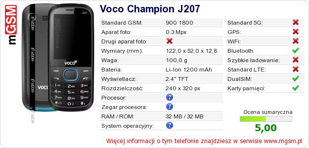 Dane telefonu Voco Champion J207