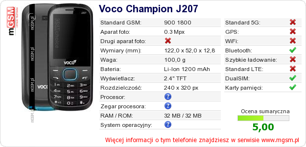 Dane telefonu Voco Champion J207