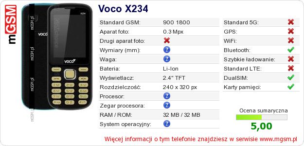 Dane telefonu Voco X234 Dane telefonu Voco X234