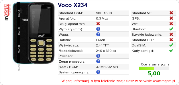 Dane telefonu Voco X234