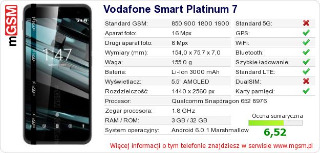 Dane telefonu Vodafone Smart Platinum 7