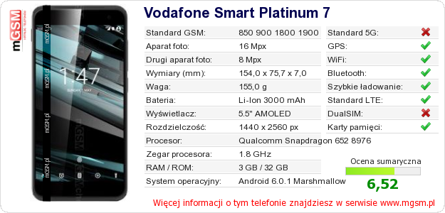 Dane telefonu Vodafone Smart Platinum 7