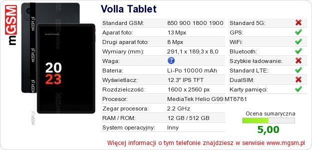 Dane telefonu Volla Tablet
