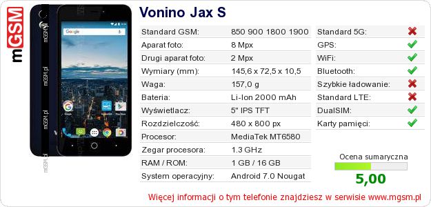 Dane telefonu Vonino Jax S