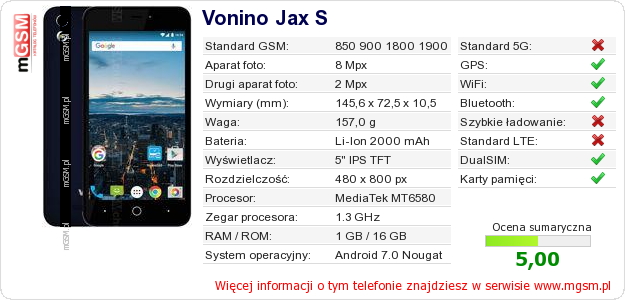 Dane telefonu Vonino Jax S