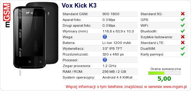 Dane telefonu Vox Kick K3 Dane telefonu Vox Kick K3