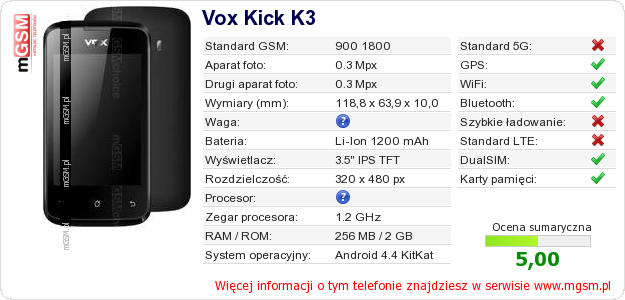 Dane telefonu Vox Kick K3 Dane telefonu Vox Kick K3