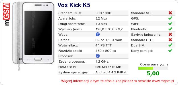 Dane telefonu Vox Kick K5 Dane telefonu Vox Kick K5