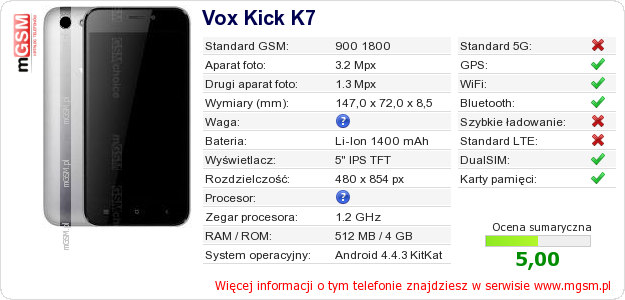 Dane telefonu Vox Kick K7