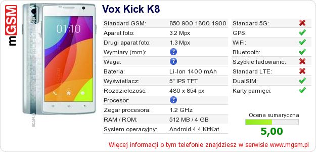 Dane telefonu Vox Kick K8