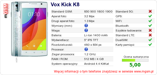 Dane telefonu Vox Kick K8 Dane telefonu Vox Kick K8