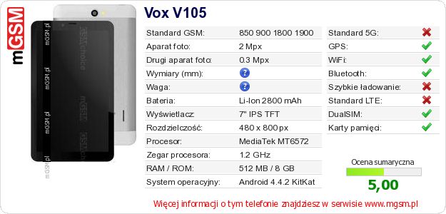 Dane telefonu Vox V105 Dane telefonu Vox V105