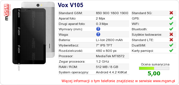 Dane telefonu Vox V105
