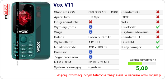 Dane telefonu Vox V11 Dane telefonu Vox V11
