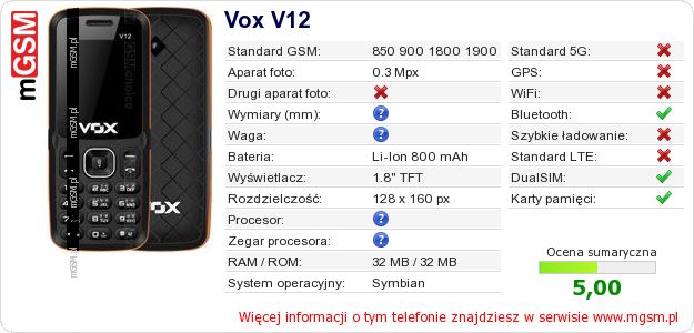 Dane telefonu Vox V12 Dane telefonu Vox V12
