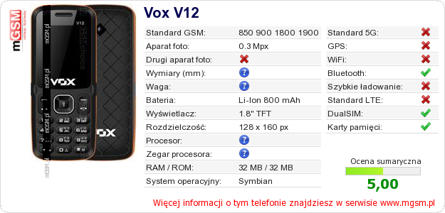 Dane telefonu Vox V12 Dane telefonu Vox V12