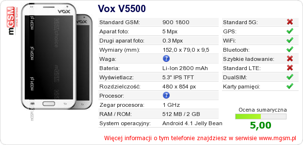 Dane telefonu Vox V5500