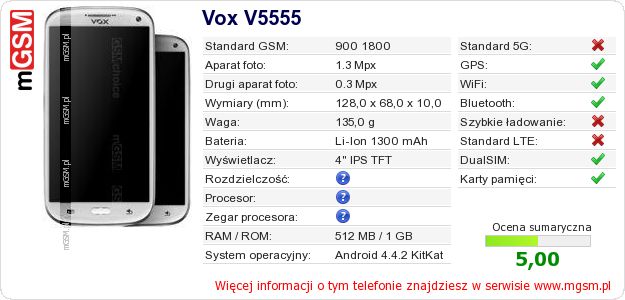 Dane telefonu Vox V5555