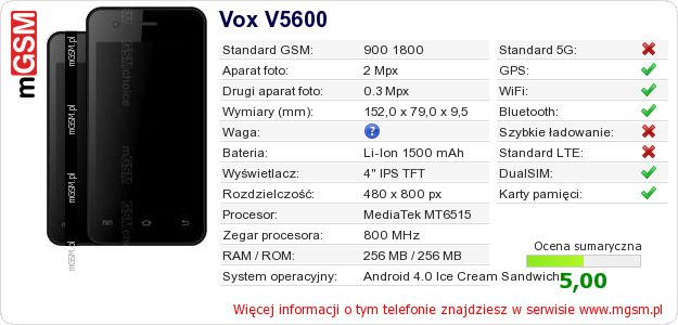 Dane telefonu Vox V5600