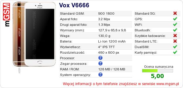 Dane telefonu Vox V6666