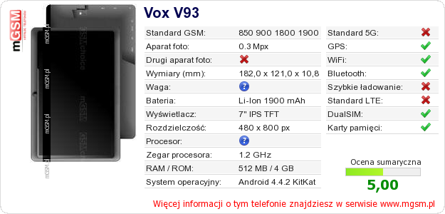 Dane telefonu Vox V93 Dane telefonu Vox V93