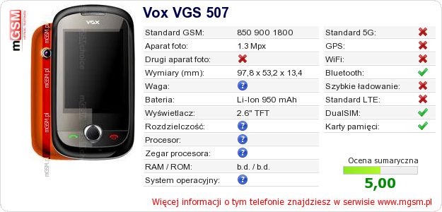 Dane telefonu Vox VGS 507