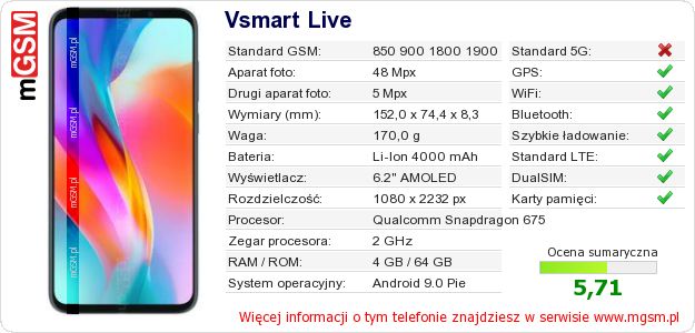 Dane telefonu Vsmart Live