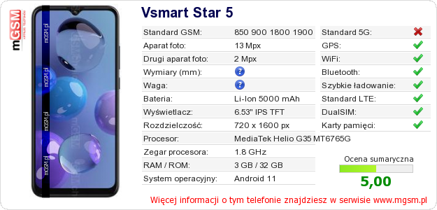 Dane telefonu Vsmart Star 5 Dane telefonu Vsmart Star 5