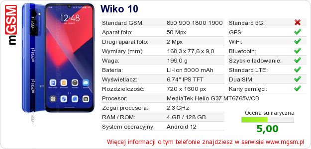 Dane telefonu Wiko 10 Dane telefonu Wiko 10