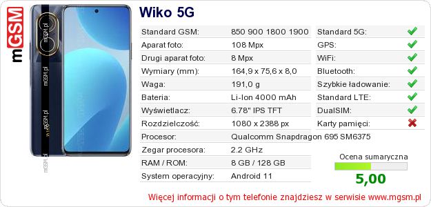 Dane telefonu Wiko 5G Dane telefonu Wiko 5G