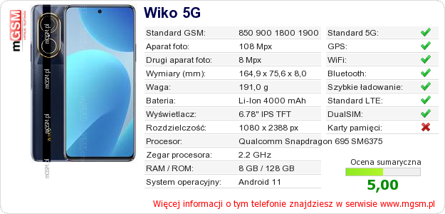 Dane telefonu Wiko 5G