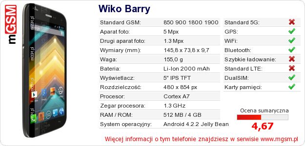 Dane telefonu Wiko Barry